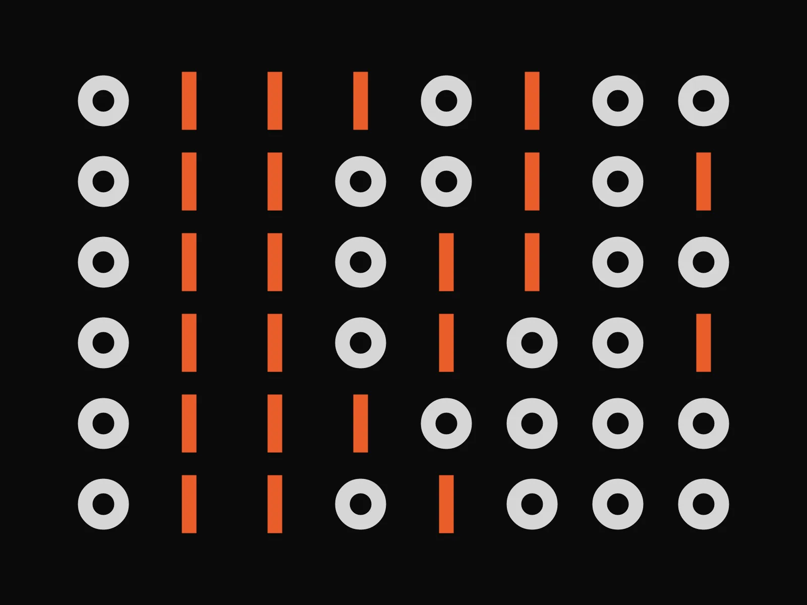 Placeholder artwork for Teliphone: rows of orange bars and pale rings, the studio's binary motif, on a near-black field.